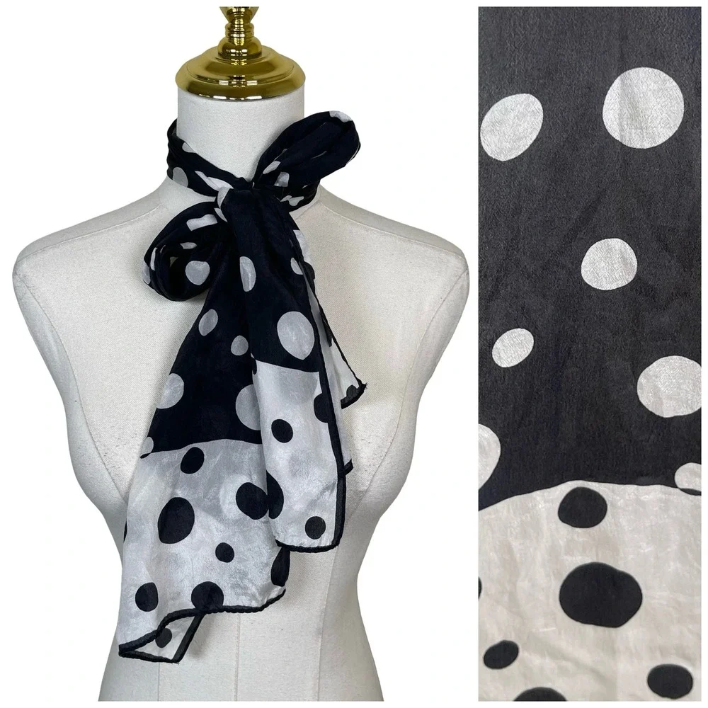 Vintage Silk Polka Dot Scarf Black White Sheer Lightweight Retro Mod Rockabilly